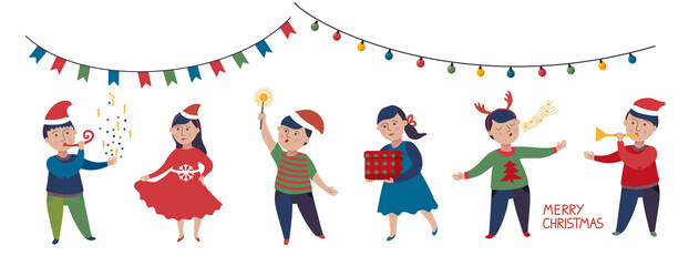 Children celebrate Christmas and New year. Christmas greeting card. Happy new year banner. Vector cartoon isolated set