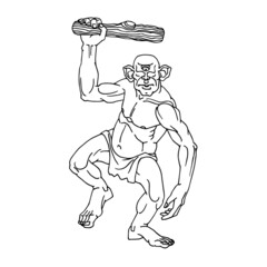 Aggressive one-eyed Cyclops with a wooden club. Ancient Greek mythological monster. Vector illustration with contour lines in black ink isolated on a white background in cartoon and hand-drawn style.