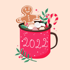 A cup of hot chocolate decorated with marshmallows, gingerbread man. Hot chocolate. Christmas and Happy New Year concept. Vector illustration in flat style. Isolated white background. Red color
