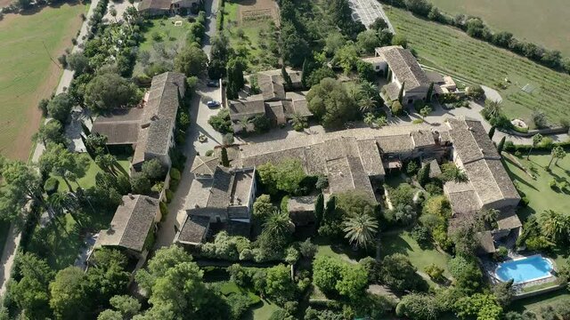 Aerial view, flight at Finca and building of the Bodega Biniagual, luxury winery Binissalem, Mallorca, Balearic Islands, Spain