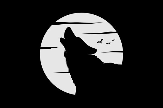 Silhouette of Howling Wolf with Silver Full Moon Illustration logo design