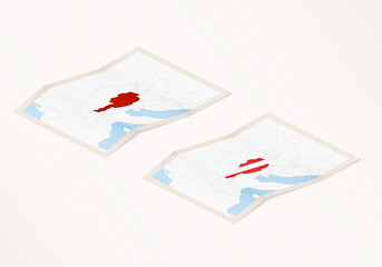 Two versions of a folded map of Austria with the flag of the country of Austria and with the red color highlighted.