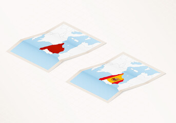 Two versions of a folded map of Spain with the flag of the country of Spain and with the red color highlighted.