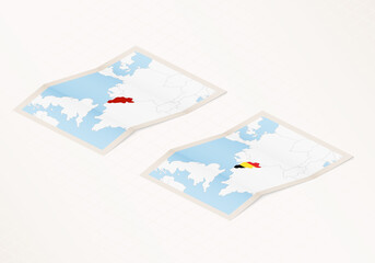 Two versions of a folded map of Belgium with the flag of the country of Belgium and with the red color highlighted.