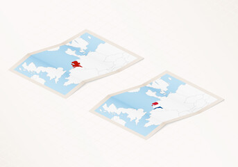 Two versions of a folded map of Netherlands with the flag of the country of Netherlands and with the red color highlighted.
