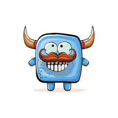 Naklejka premium Vector cartoon funny blue monster with horn isolated on white background. Smiling silly blue monster print sticker design template. Ghost, troll, gremlin, goblin, devil and monster