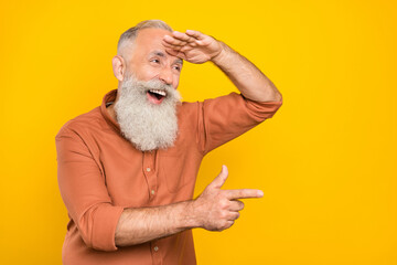 Profile side photo of cheerful senior man look indicate finger empty space advert advise isolated...