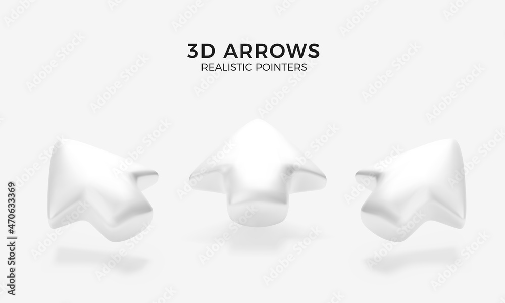 Poster white arrow. 3d arrow set different direction. volume computer pointer or cursor