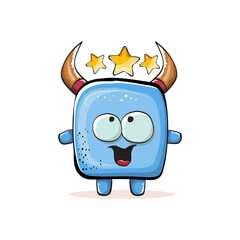 Vector cartoon funny blue monster with horn isolated on white background. Smiling silly blue monster print sticker design template. Ghost, troll, gremlin, goblin, devil and monster