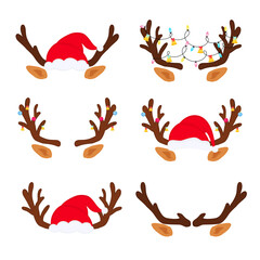Reindeer antlers with Christmas balls and bells and Santa Claus hat. Funny selfie photo mask