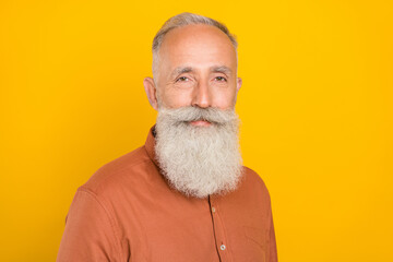 Profile side photo of handsome senior man wear casual shirt mustache isolated over yellow color background
