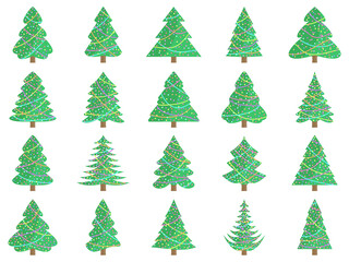 Set of decorated Christmas trees icons isolated on white background. Christmas tree decorated with garlands and balls. Fir trees for posters, banners and promotional materials. Vector illustration