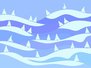 Obraz premium Winter landscape in the style of minimalism. Snow-covered hills and mountains with fir trees. Snowy wavy landscape. Design for prints and posters, promotional items. Vector illustration