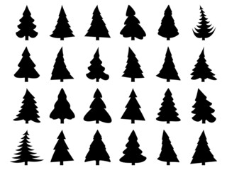 Black silhouette of Christmas trees isolated on a white background. Collection of Christmas trees icons. Design of fir trees for posters, banners and promotional materials. Vector illustration