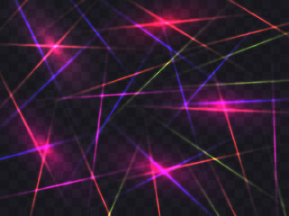Laser beams on a transparent background. Multi-colored rays of light, magic glow. Create a template for your banner, poster, and greeting cards. Vector illustration