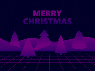 Merry Christmas. Virtual reality with grid and Christmas trees with purple gradient. Synthwave and retrowave style. Design of a greeting card, banner and promoted products. Vector illustration