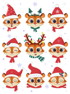 Happy New Year and Merry Christmas. A set of nine tiger heads in carnival hats and scarves of Santa Claus on a background of snowflakes and sweets. Cartoon, flat style, vector.