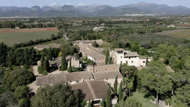 Aerial view, flight at Finca and building of the Bodega Biniagual, luxury winery Binissalem, Mallorca, Balearic Islands, Spain