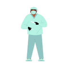 Surgeon doctor in uniform, mask, latex gloves with scalpel ready to work