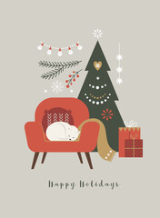 Christmas and New Year card.  Cat sleeps on the sofa
- 470634981
