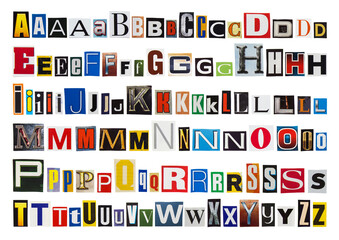 English alphabet letters cutting from magazine paper. Newspaper clippings with letters isolated on...