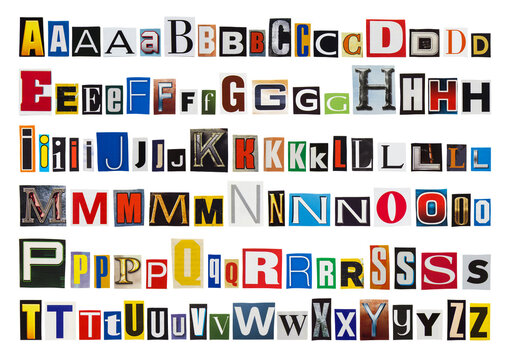 English alphabet letters cutting from magazine paper. Newspaper clippings with letters isolated on white background. Anonymous text concept.