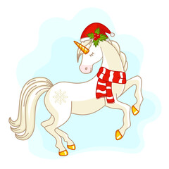 Cute unicorn in a Christmas hat and scarf