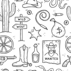 Obraz premium Cowboy western doodle seamless pattern. Hand drawn sketch line style. Cowboy shoe, cow skull, gun, cactus element. Wild west vector illustration.