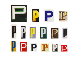 Alphabet letter P cutting from magazine paper. Newspaper clippings with letter P isolated on white background. Anonymous text concept.