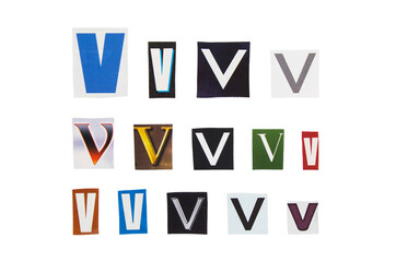 Alphabet letter V cutting from magazine paper. Newspaper clippings with letter V isolated on white background. Anonymous text concept.