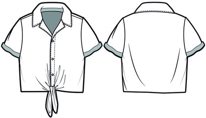 Tie Front Short Sleeve Crop Blouse With Collar, Notched Collar Crop Top With Tie . Front and Back View. Fashion Illustration, Vector, CAD, Technical Drawing, Flat Drawing.	