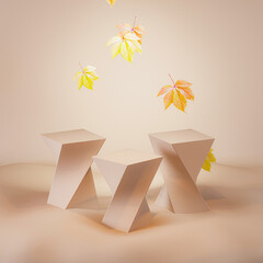 Beauty cosmetics display with beige stone pedestal podium on natural shadow, leaf falling on sand dunes background. Minimal concrete showcase stand 3D render
