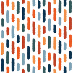 Abstract Mid Century style seamless pattern with colorful (orange, red, turquoise, blue, navy blue) grunge dashed lines on white background
