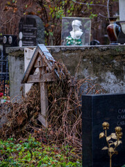 Novodevichy Cemetery in Moscow, monument and grave, sculpture, face in stone, work of art