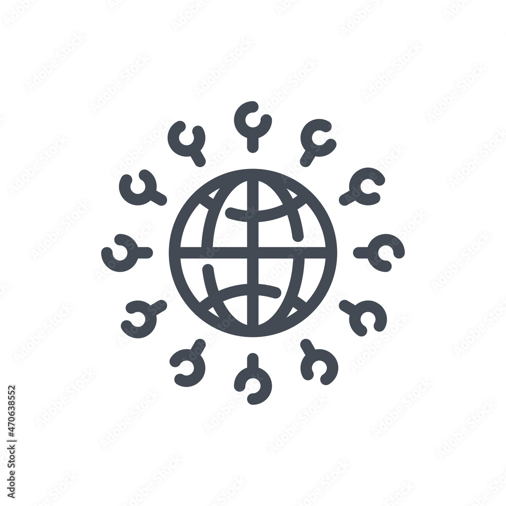 Poster globe connection line icon. planet with pointers vector outline sign.