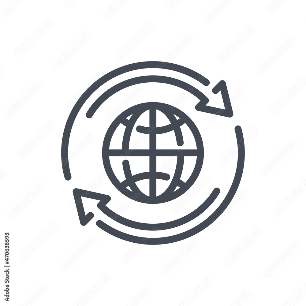 Poster globe and planet rotation line icon. planet with rotating arrows vector outline sign.