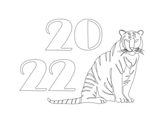 2022 New year card with tiger one line art. Continuous line drawing of new year holidays, christmas, chinese new year, symbol of the year, tiger, wild cat.