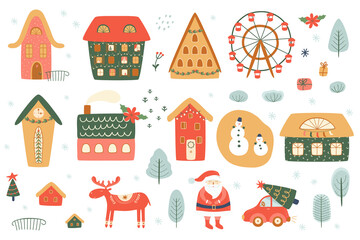Naklejka premium Christmas houses set. Set of isolated decorated buildings for New year and Christmas. Winter houses, Santa, deer, snowman, car. Winter holidays isolated graphic elements. Cute illustration.