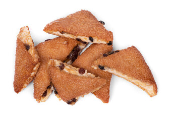 Baked goods with raisin in the shape of triangles