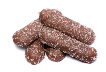 Group of long chocolate bars with coconut powder isolated