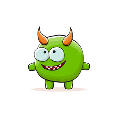 Fototapeta premium Vector cartoon funky green monster with horn isolated on white background. Smiling silly green monster print sticker design template. Ghost, troll, gremlin, goblin, devil and monster