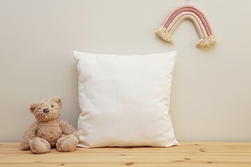 White cotton square baby girl pillow mockup for design presentation, minimal composition on wooden...
