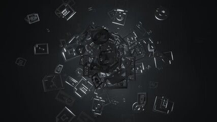 Flying files icons in random motion on dark environment with volumetric back lighting. - Powered by Adobe