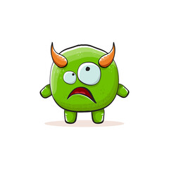 Vector cartoon funky green monster with horn isolated on white background. Smiling silly green monster print sticker design template. Ghost, troll, gremlin, goblin, devil and monster