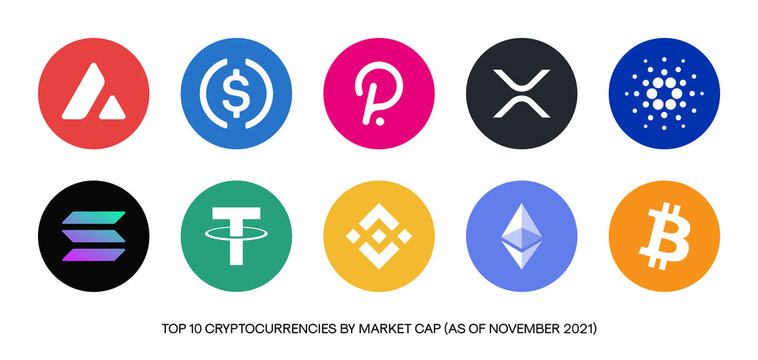 Top 10 Cryptocurrency Logo Symbol Vectors. Popular Crypto Token Logos Including Bitcoin, Ethereum, XRP, Cardano, Polkadot, Tether etc. Vector Circle Icons with Crypto Logos.