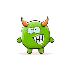 Vector cartoon funky green monster with horn isolated on white background. Smiling silly green monster print sticker design template. Ghost, troll, gremlin, goblin, devil and monster