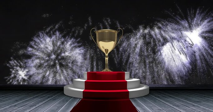 Animation of gold trophy and white fireworks over steps at red carpet venue, on black background