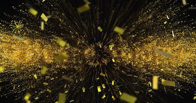 Animation of bonne annee text in yellow with new year fireworks and gold confetti in night sky
