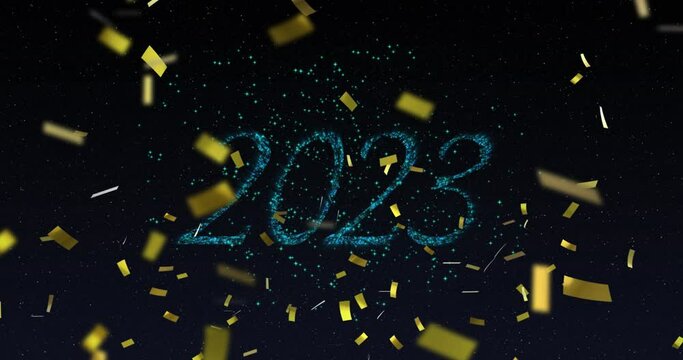 Animation of 2023 text in blue with blue new year fireworks and gold confetti in night sky