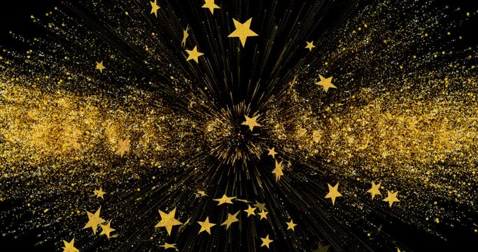 Animation of bonne annee text in gold with gold stars falling in night sky